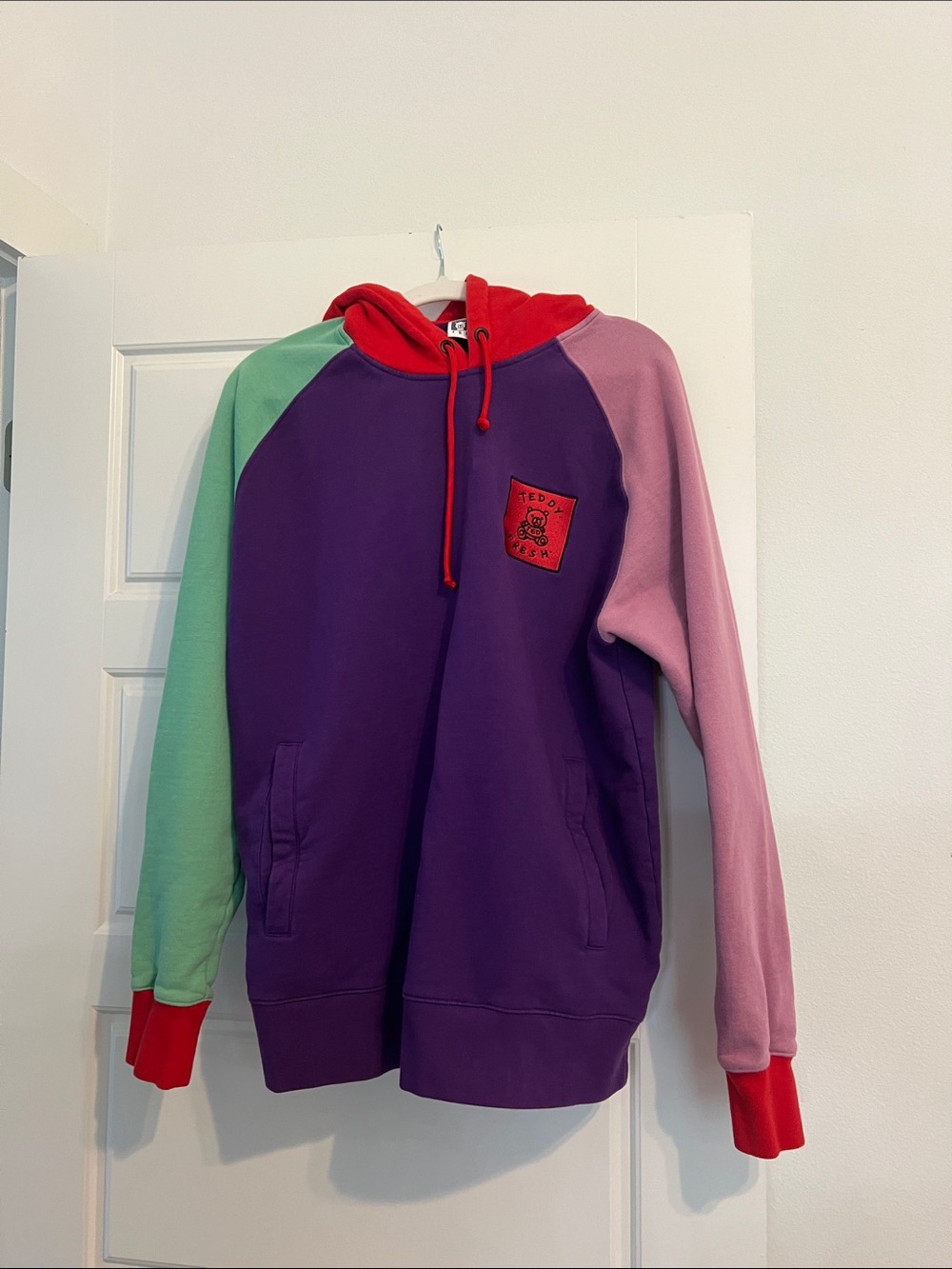 Teddy Fresh Red and Purple Colorblock Hoodie with Drawstrings
